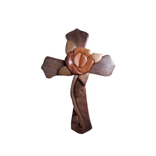 cross with rose intarsia wooden ornament